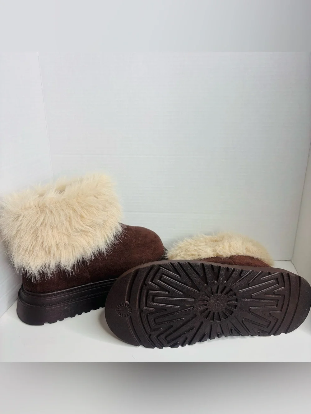 Women's Dark Brown Faux Suede Ankle Boots with Cream Faux-Fur Cuff